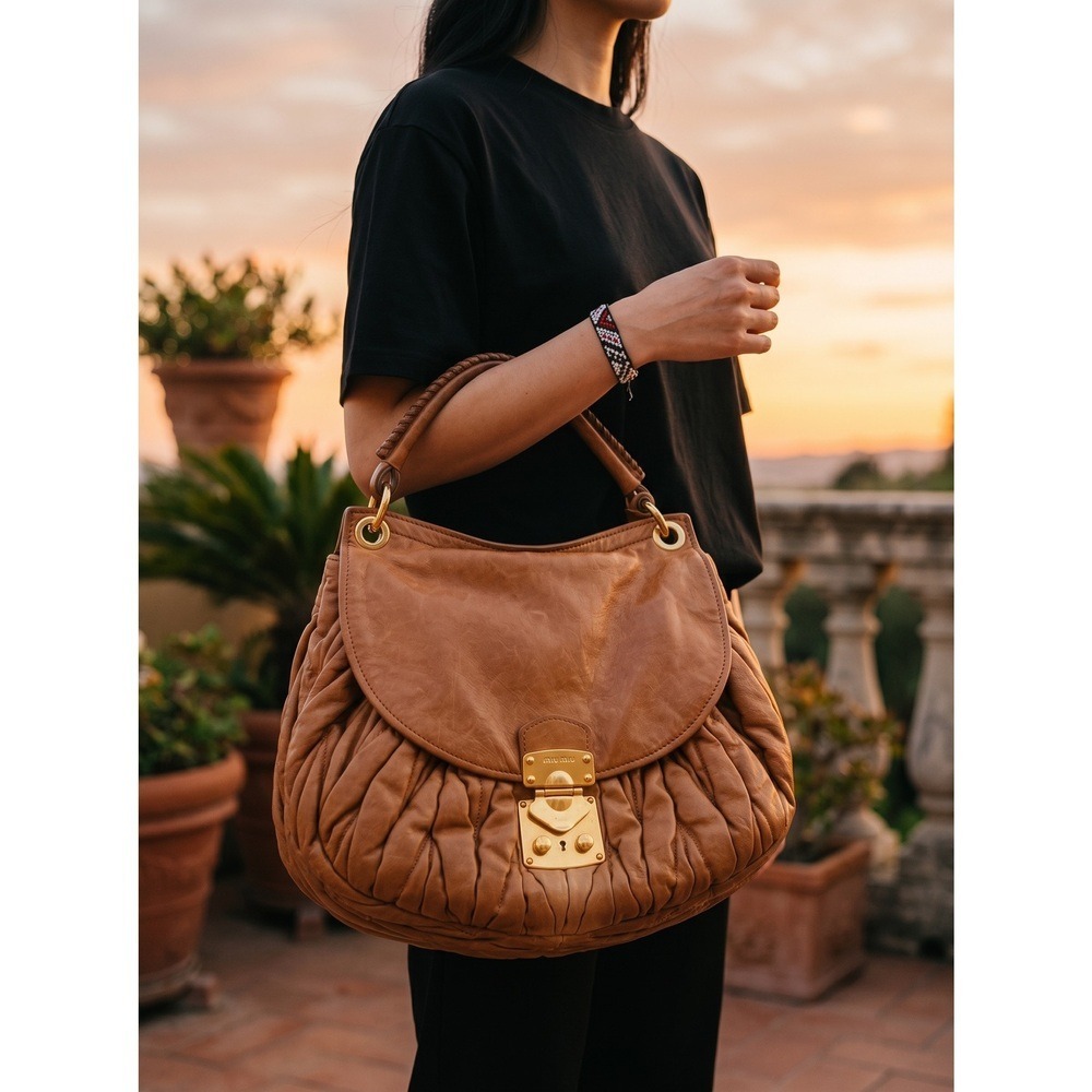 Miu‎ Miu Vintage Coffer Matelasse Ruched Leather Hobo Bag